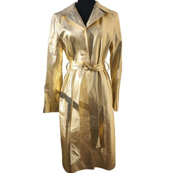 Glamorous Gold Metallic REAL Genuine Soft Leather Designer Jacket Coat Trench NW - Picture 4 of 16